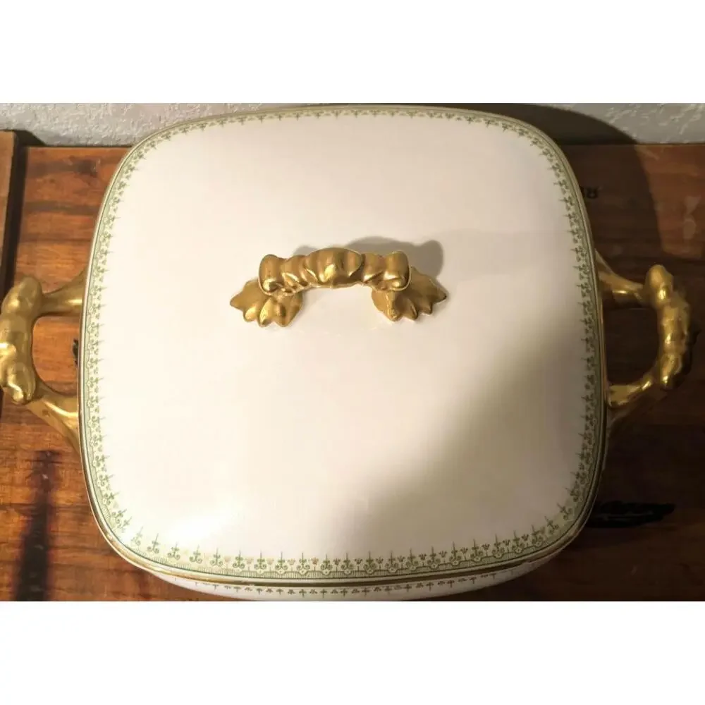 LIMOGES FRANCE JEAN POUYAT - COVERED HANDLED SERVING DISH Gold/Green Trim 8in
